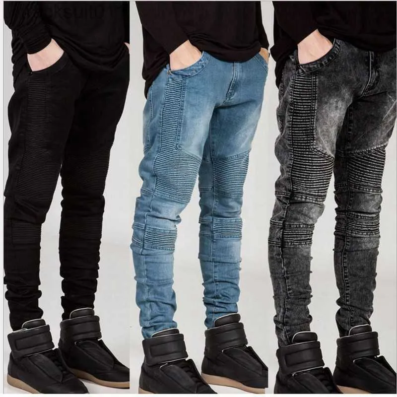 Mäns jeans streetwear mens rippade cyklist jeans homme herr mode motorcykel smal fit svart vit blå moto denim pants joggers mager män l230926