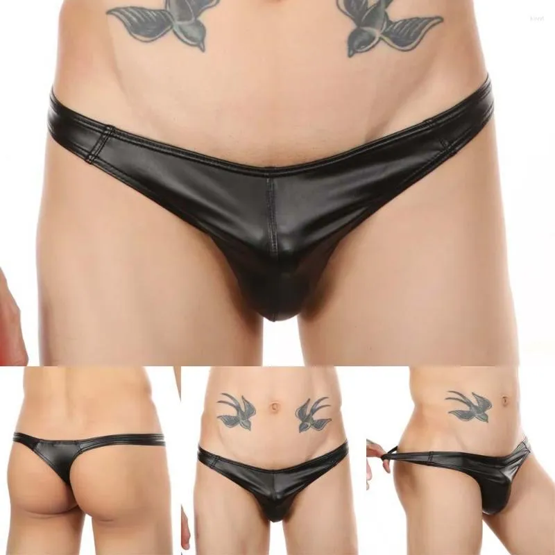 Sous-vêtements Hommes Sous-vêtements sexy Faux Cuir Slips Lingerie Érotique G-String Low Rise Bikini Bulge Poche Jockstrap Tongs Mâle Pénis Trou