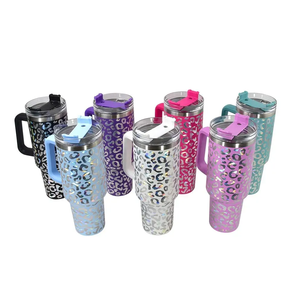 NEWEST!! 40oz Laser Holographic Leopard Tumbler Double Wall Stainless Steel Water Cup Car Mugs with Handle Wholesale L01