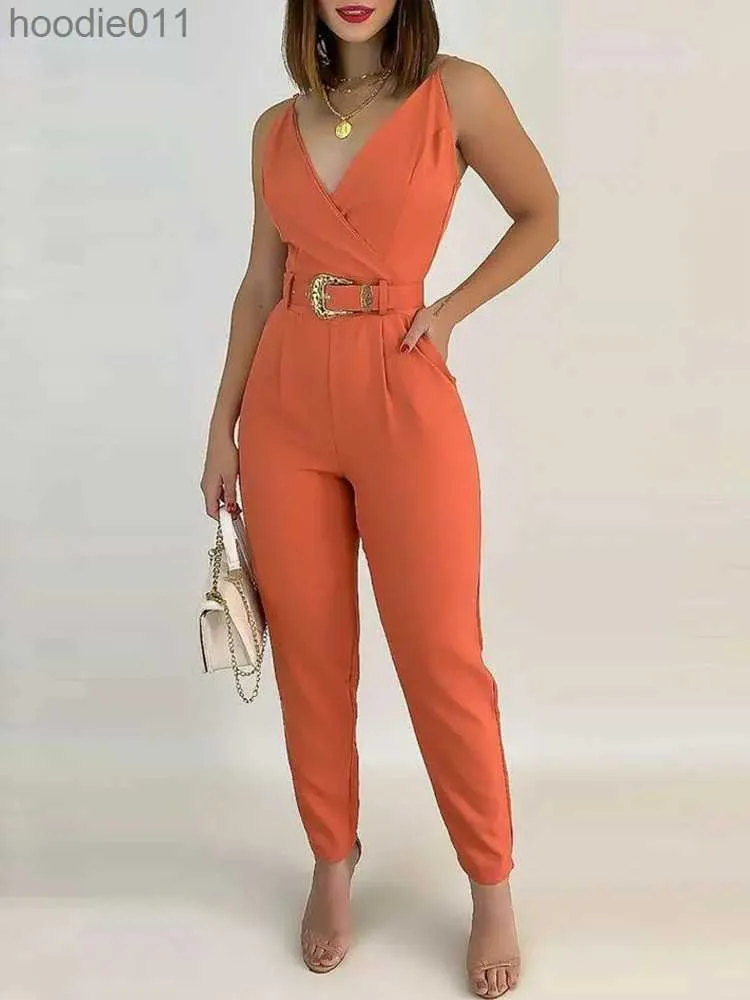 Dames Jumpsuits Rompertjes V-hals Zakdetail Cami Jumpsuit met Riem Dames Mouwloos Zomer Eendelig Overalls L230926