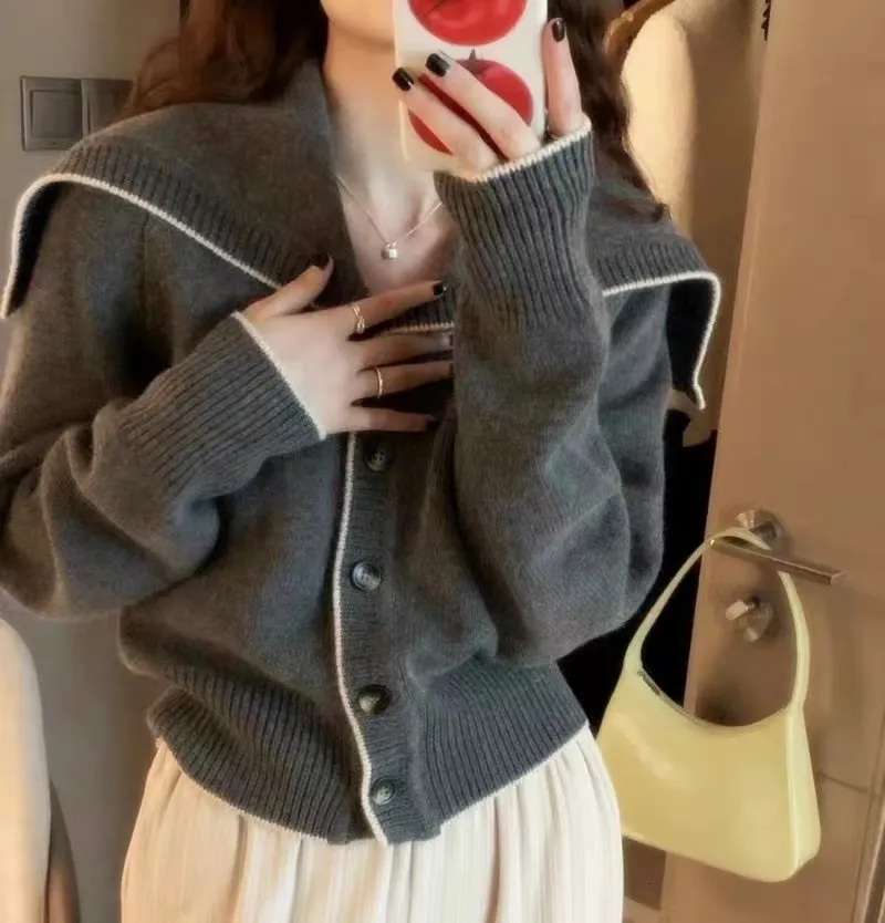 Women's Knits Tees Autumn Winter Cashmere Cardigan Sailor collar Women's Loose Cashmere Sweater Cardigan Female Coat 230925