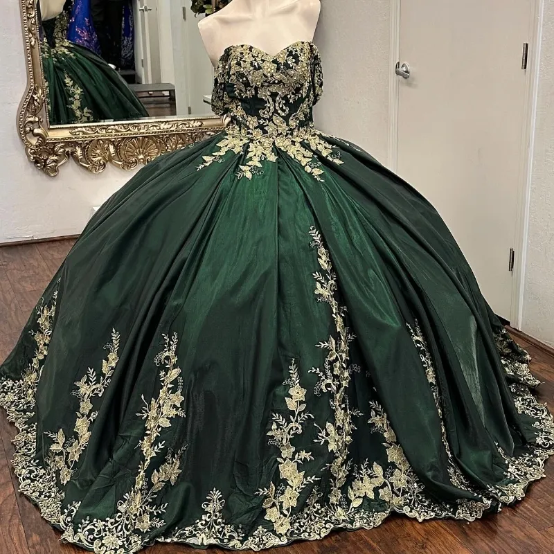 Hunter Green Ball Gown QuinCeanera Dresses 2024 Beads Sequins Appliques Lace Vestidos DE 15 Anos Luxury Clows