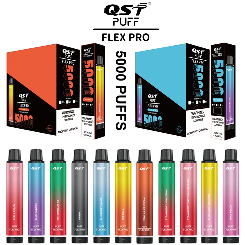 QST Puff Flex Pro 5000 Puffs wiederaufladbarer Einweg-Vape-Stift, Zigaretten-Vape-Gerät, 15 Geschmacksrichtungen, 550-mAh-Akku, 12-ml-Kartuschen-Starter-Kit