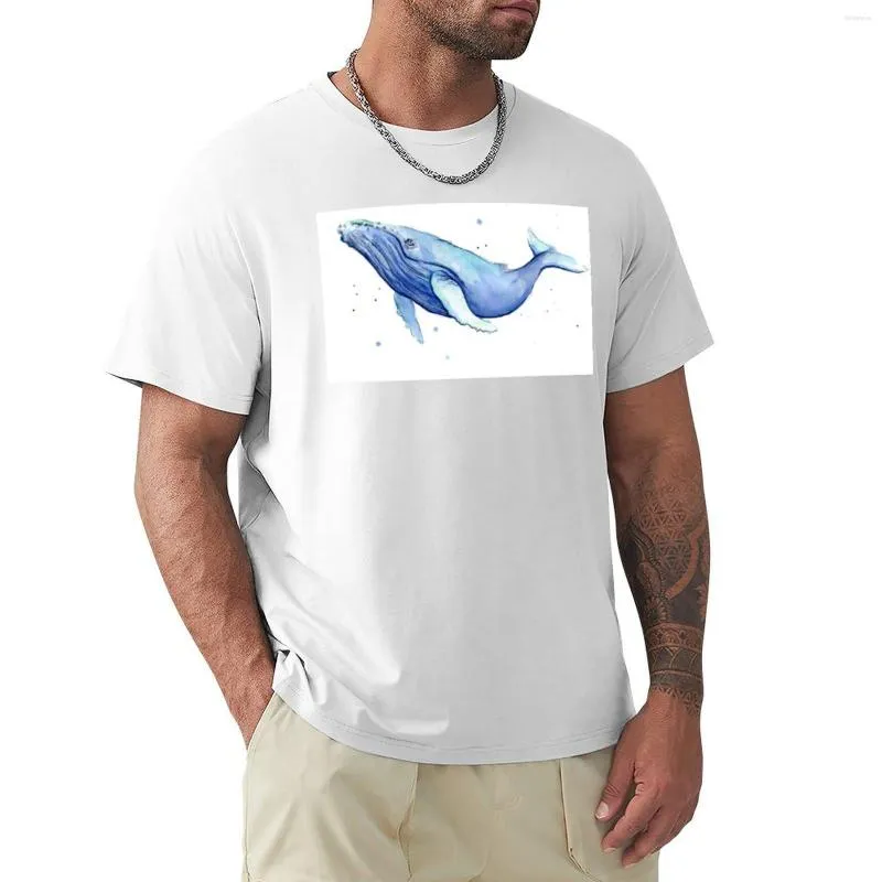 Herrpolos knölhalsvalblå akvarell målning t-shirt kort hylsa tee pojkar t skjortor söta toppar skjorta män