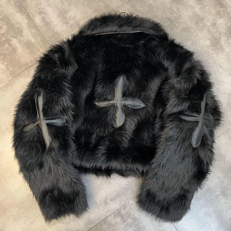 Women's Fur Girl Turn-down Collar Simulation Jacket Autumn/Winter Black Cross Street Faux Short Coat Female Clothes