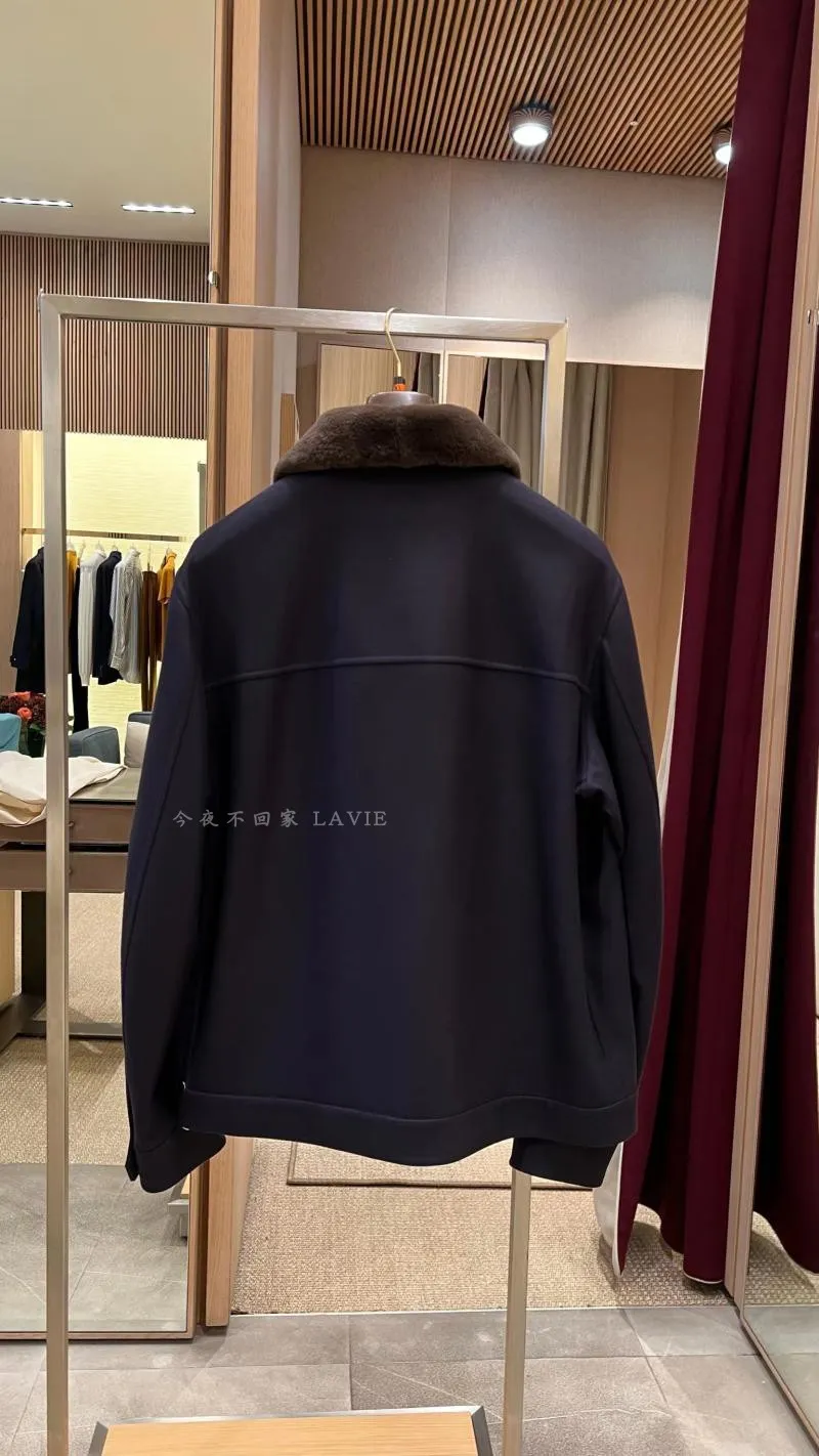 Giacche da uomo Primavera loro piana Cappotto con collo in pelliccia con cuciture blu navy