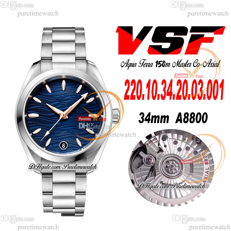 VSF Aqua Terra 150M A8800 Montre automatique pour femme 43 mm Lunette polie Cadran bleu Texture Bracelet en acier inoxydable Super Version 220.10.34.20.03.001 Puretime B2