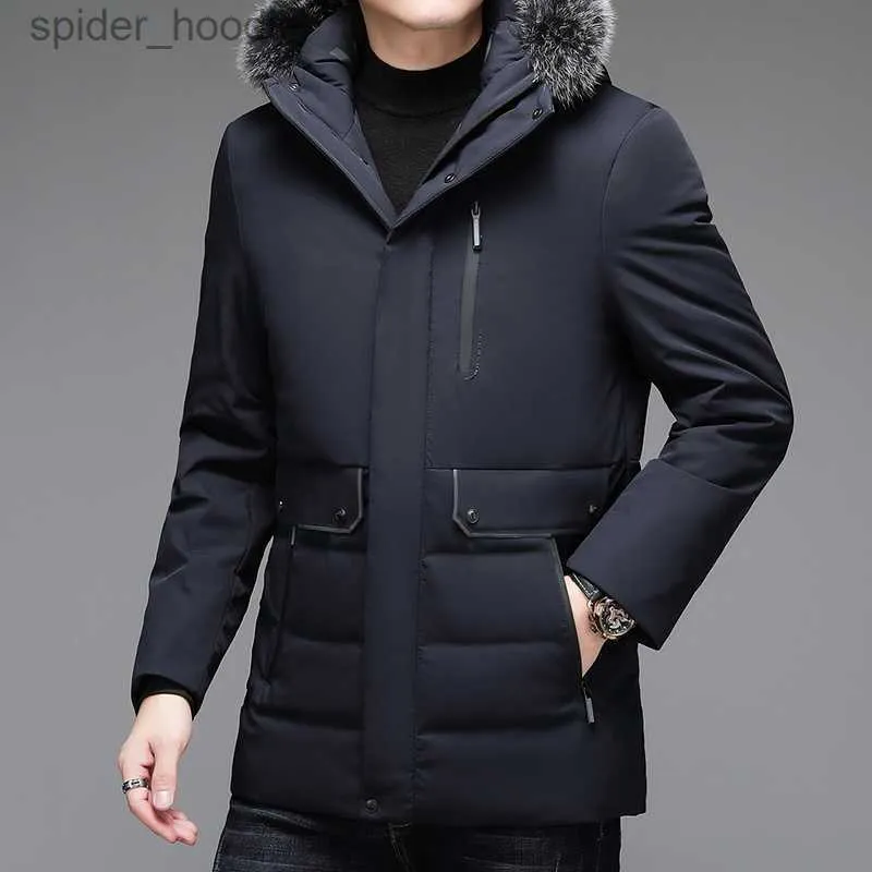 Herrarna Down Parkas Winter 2023 Black New Men's Smart Casual 90% White Duck Brand Down Jacket With Fur Hood Löstagbar L230926