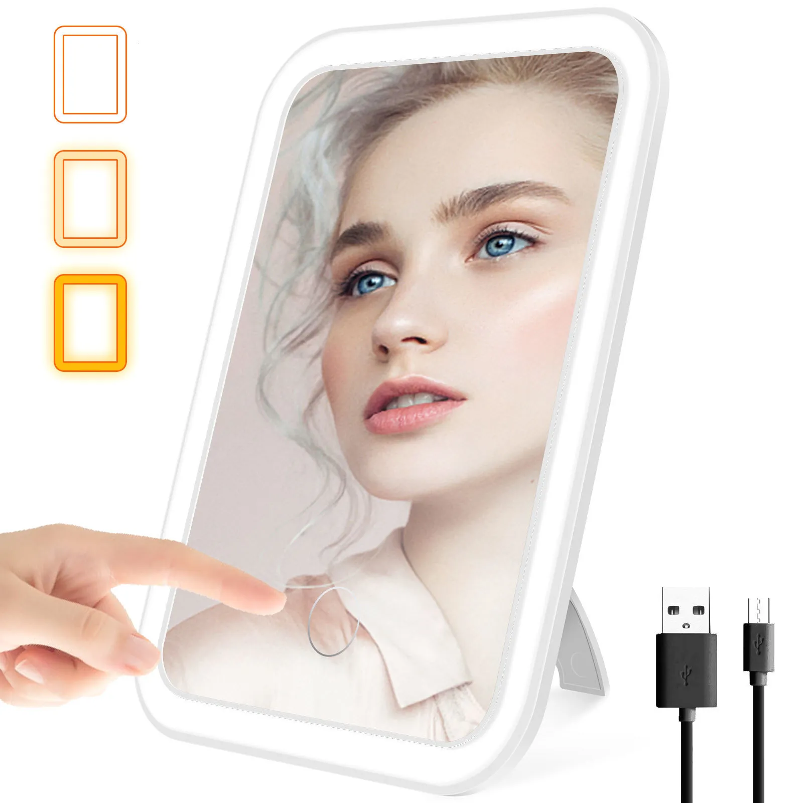 Objets décoratifs Figurines Miroir de maquillage USB rechargeable Portable Compact LED Miroir de courtoisie avec béquille à écran tactile 3 couleurs Miroir de maquillage à gradation 230926