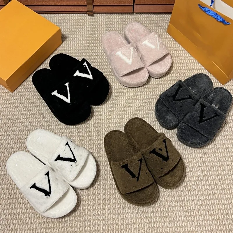 Top Designer Fluffy Fur Slippers Sandals For Woman Paseo Flats