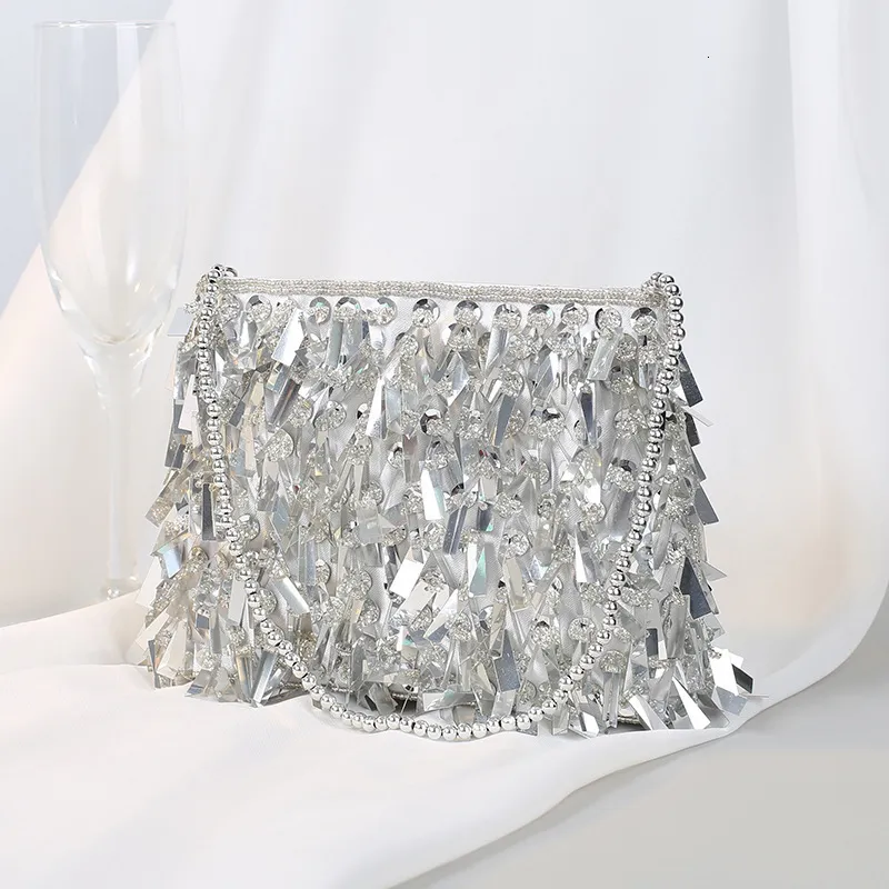 Kvällspåsar silver paljett tassel kvinnor liten crossbody handgjorda pärlstav damparti koppling handväska handväskor b473 230926