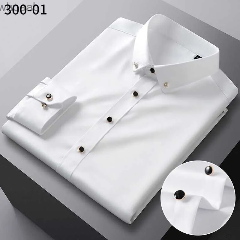 Camisas masculinas com botão de perfuração, camisas de seda gelada masculinas de manga comprida, casuais, formais, sociais, sem rugas de ferro, macias e sedosas, camisas masculinas de manga comprida, branco YQ230926