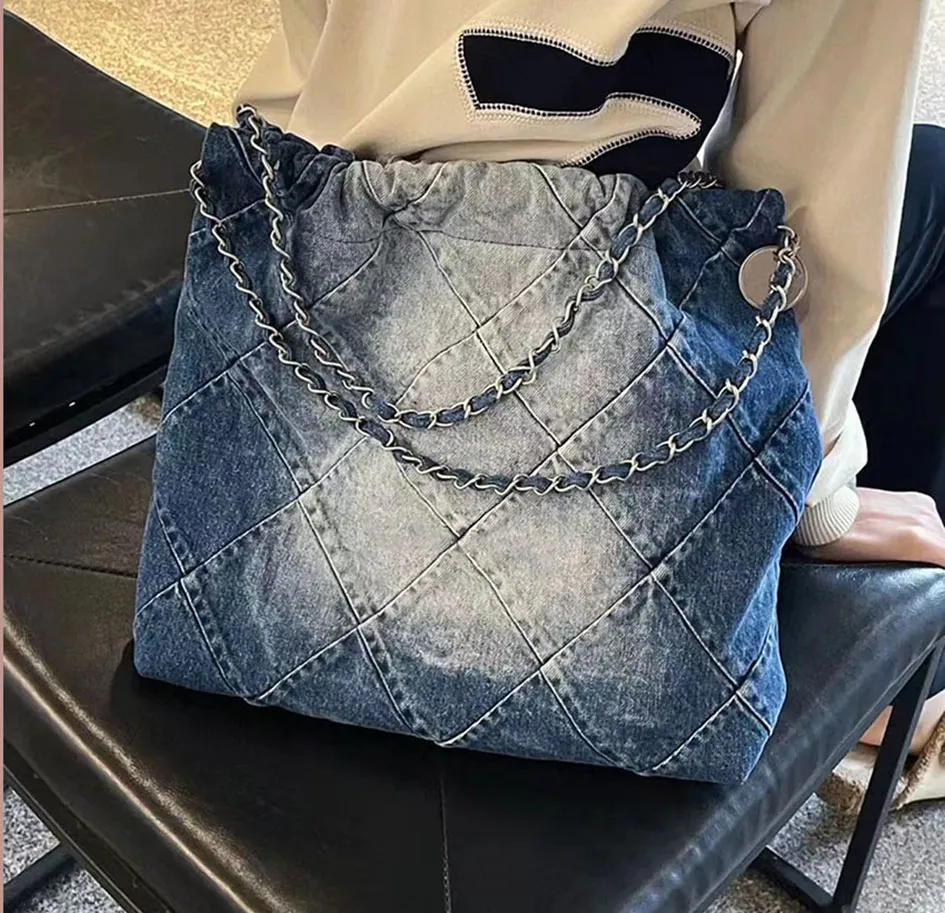 2 pieces fashion designer denim material bags tote Large capacity shopping bag Oil wax handbag woc Pearl chain leather wearing chain shoulder bag