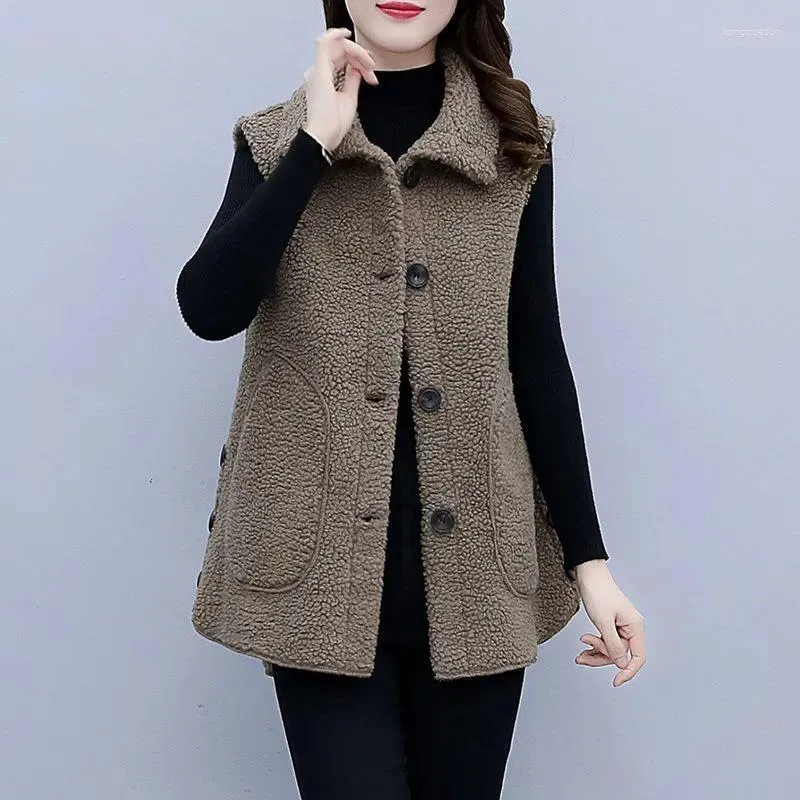 Gilets pour femmes d'âge moyen mère velours gilet veste plus taille automne hiver lâche manteau sans manches simple boutonnage chaud vêtements d'extérieur pour femmes haut