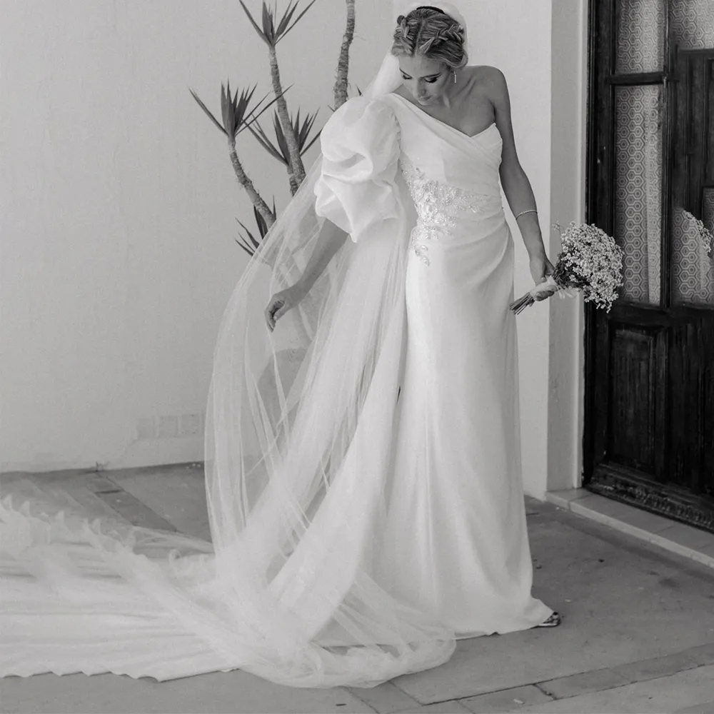 One Shoulder Satin Mermaid Wedding Dress with Beaded Appliques, Pleats, Ruched Puffy Sleeves, and Bridal Gown Style - Vestidos de Novia One Shoulder Satin Mermaid Wedding Dress with Beaded Appliques, Pleats, Ruched Puffy Sleeves, and Bridal Gown Style - Vestidos de Novia