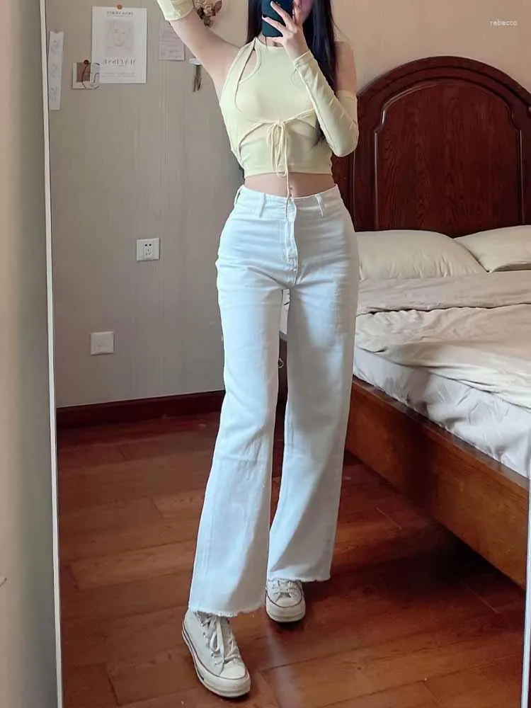 Kvinnors jeans sommarmode europeiska och amerikanska avslappnade all-match utländsk stil vit hög midja rak denim byxor