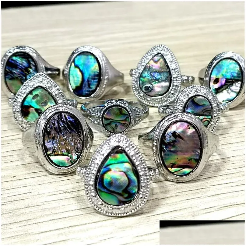 Bandringar grossist 30 abalone skal legering metall vintage hjärt oval rund form Seaside Party Jewely Drop Delivery Ring DHFDU