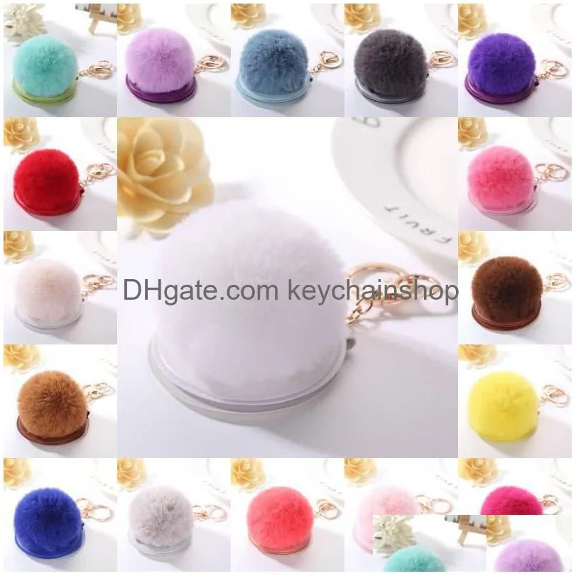 Nyckelringar PU Mirror KeyChain Rabbit Faux Ball Keyring Super Märkbar Mini Folding Fobs Fur Plush Pompoms Drop Leverans smycken Dhuyh