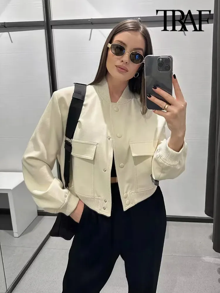 Women's Jackets TRAF Women Fashion With Pockets Bomber Jacket Coats Vintage Long Sleeve Front Button Casual Female Outerwear Chic Tops 230925