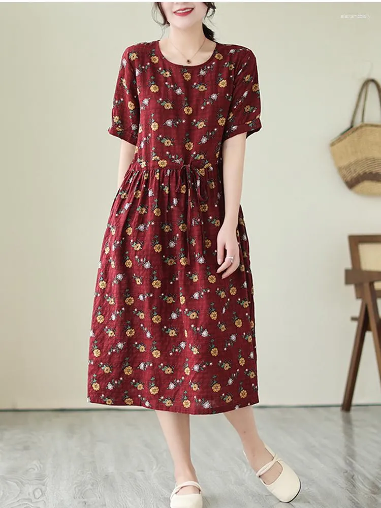 Casual Dresses Summer Print Short Sleeve Vintage Cotton Linen Midi Dress Women Loose Floral Robe Ladies Elegant Clothing