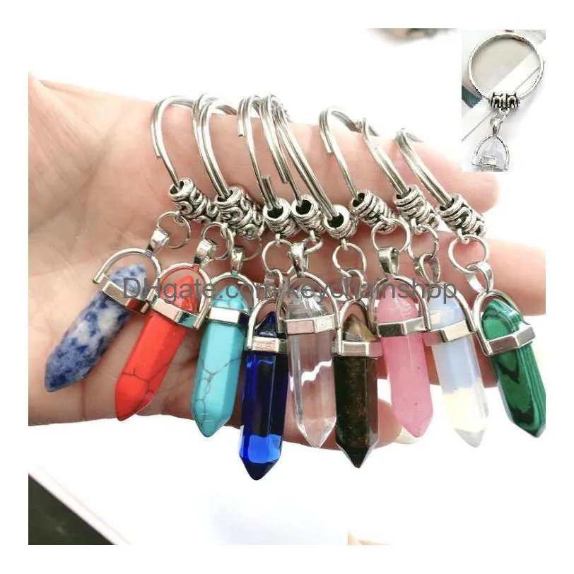 Schlüsselanhänger Lanyards Chakra Hexagon Prism Naturstein Schlüsselbund 9 Farben Legierung Kristall Schlüsselring Handtasche Hängt Mode Geschenk Drop Liefern Dhrvc