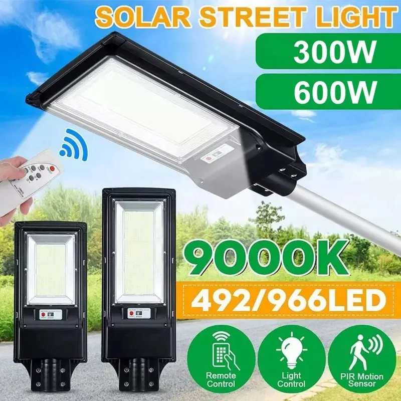Hochleistungs-300-W-600-W-Solarlampe Straßenlaterne Außenbeleuchtung Radarsensor-Straßenlampe mit Stangenfernbedienung 492 LED 966 LED