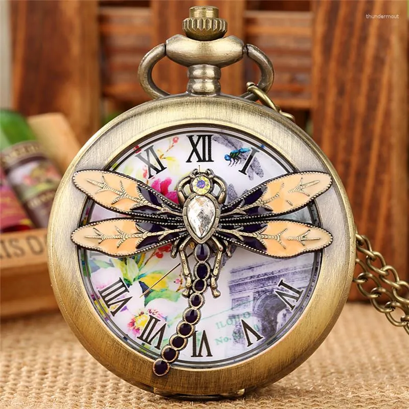 Pocket Watches Vintage Style Bronze/gold Hollow Out Dragonfly Design Unisex Quartz Watch Roman Number Necklace Pendant Chain Gift Clock