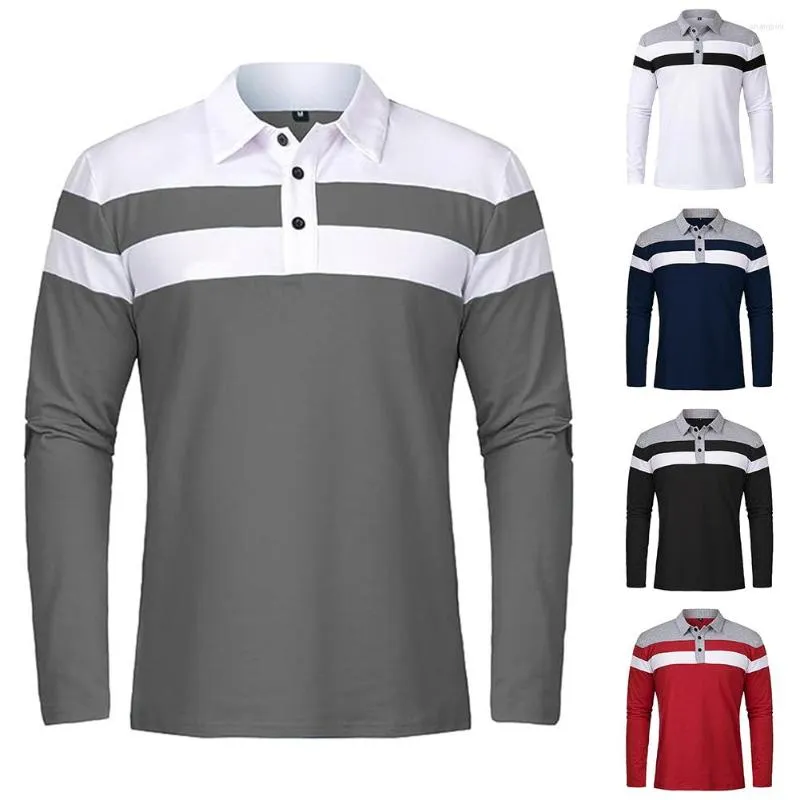 Męskie polo męskie menu swobodne t-shirt z długim rękawem Slim Fit szerokie paski guziki pullover topy koszulki