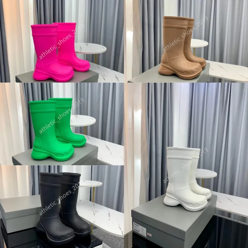 Heiße Crocboots-Designer-Regenstiefel, kniehohe Stiefeletten, langer Bogen, EVA-Gummiplattform, Regenstiefel, braun, grün, leuchtend rosa, schwarz, Luxus-Schuhe, Turnschuhe, EUR 35–41