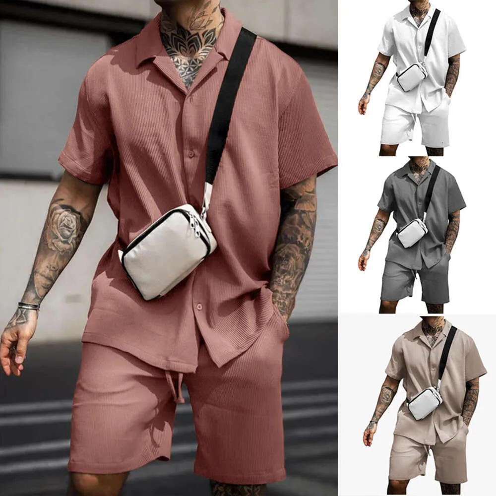 Summer Lapel Short Shirt Shorts Strasze Solid Kolor Sport Sport Fashion Suit Men Nowy bawełniany dres