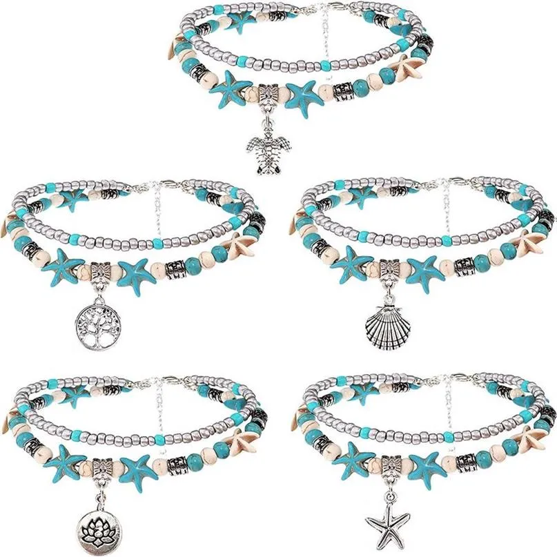 Layered Beach Anklets for Women Girls Adjustable Sea Turtle Anklets Bracelets Boho Turquoise Summer Ankle Foot Jewelry261S