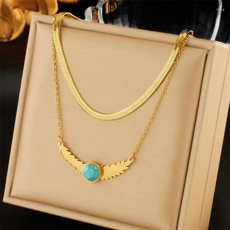 Collier ras du cou en acier inoxydable 316L, breloque Simple, rétro créatif, plume Turquoise, Double chaîne, bijoux minimalistes pour femmes