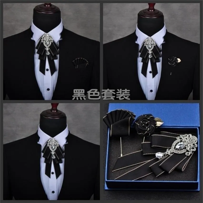 Erkek erkek moda elmas üst düzey yay damat damat düğün yaka aksesuarları kravat gül broş cep havlu seti 201028288q