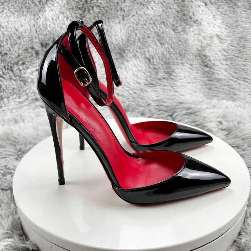 Dress Shoes Black Patent Leather Women Ankle Strap Stiletto Pumps Pointed Toe 8cm 10cm 12cm Sexy High Heel