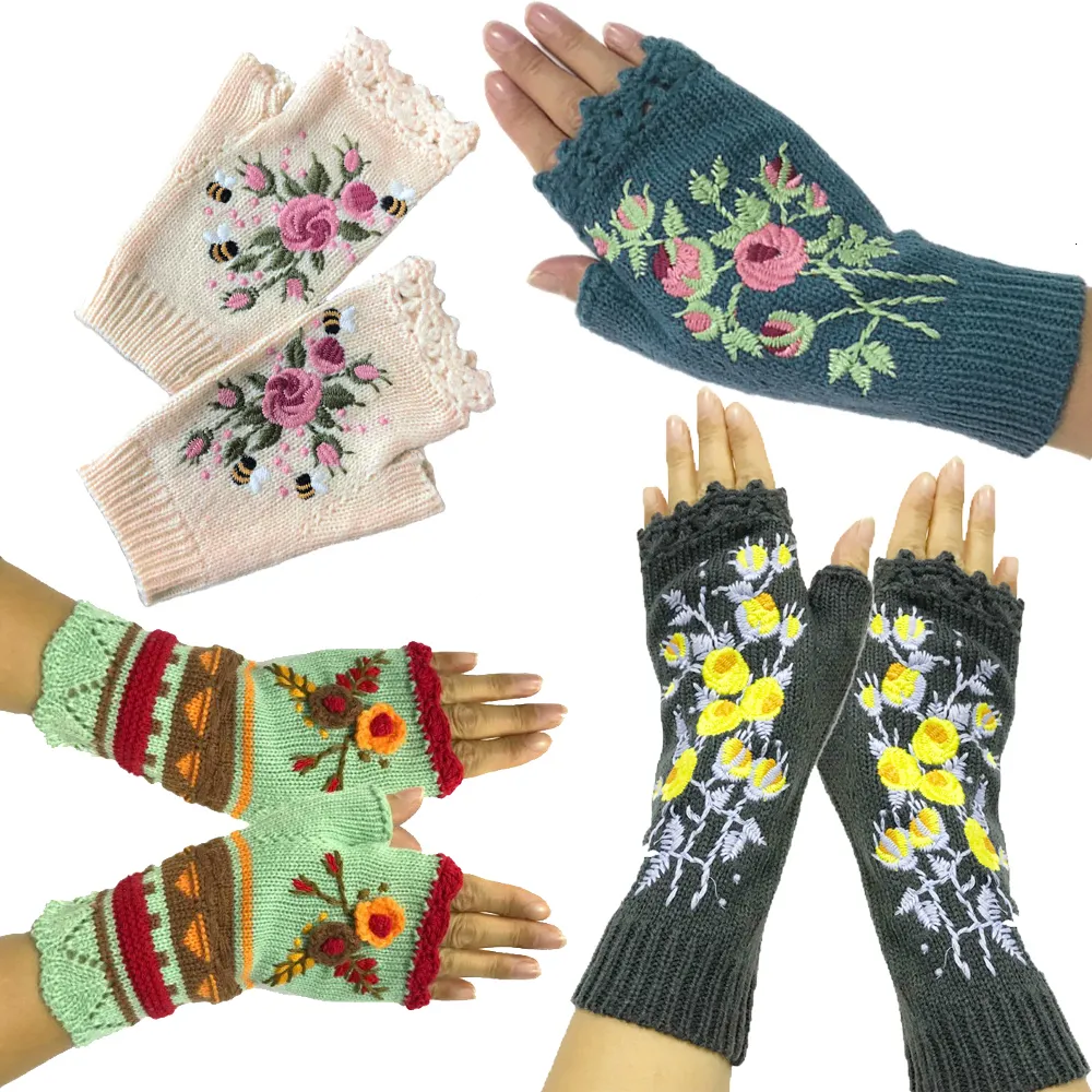 Five Fingers Gloves Quality Handmade Knitted Women's Winter Autumn Flowers Fingerless Black Mittens Warm Woolen Embroidery 230925