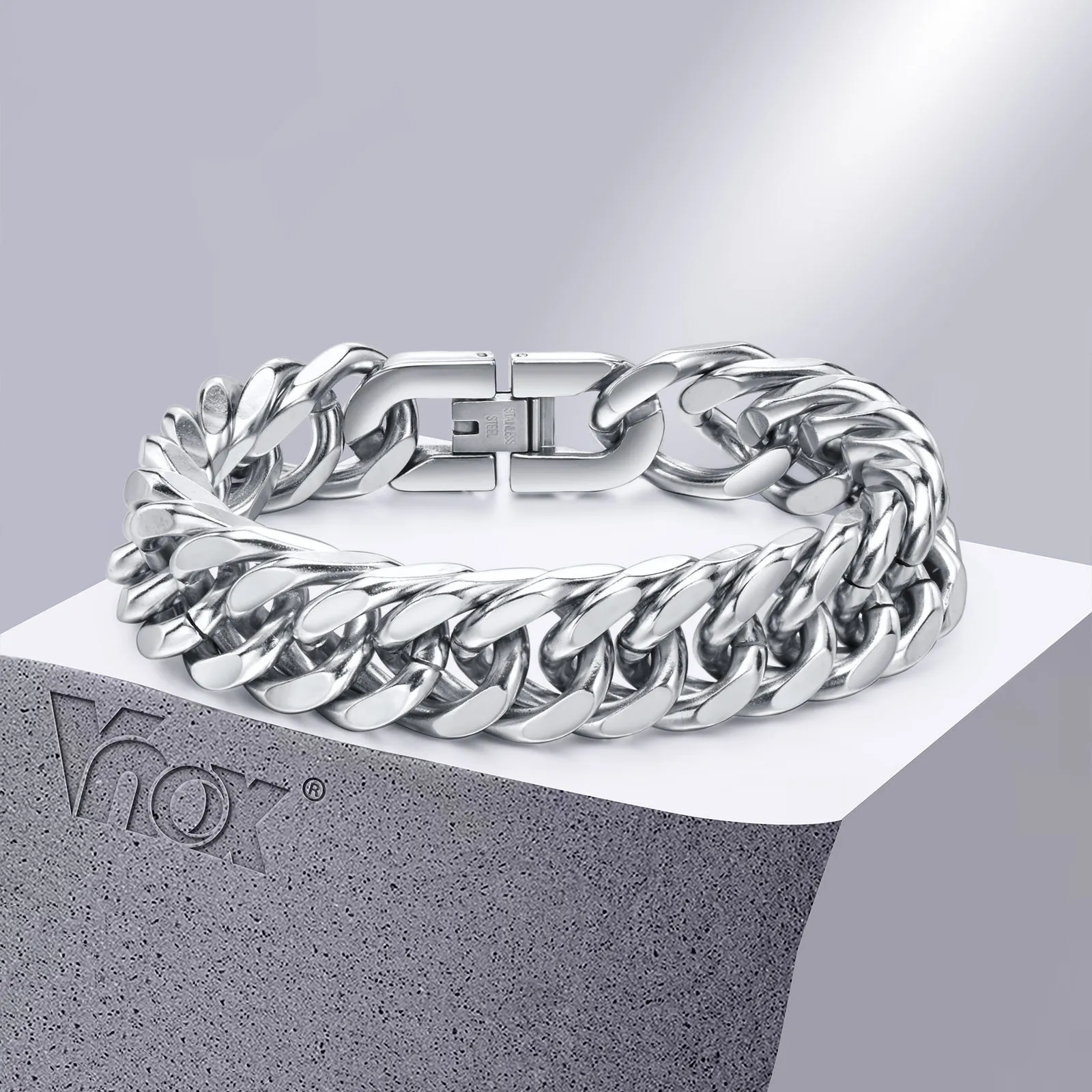 Banglad Bangle Vnox 12/15mm Bredd Rostfritt stål Kubanska kedjearmband för män Silverfärg Fashion Fashion Hip Hop Man Boy Wristband Jewelry 230925