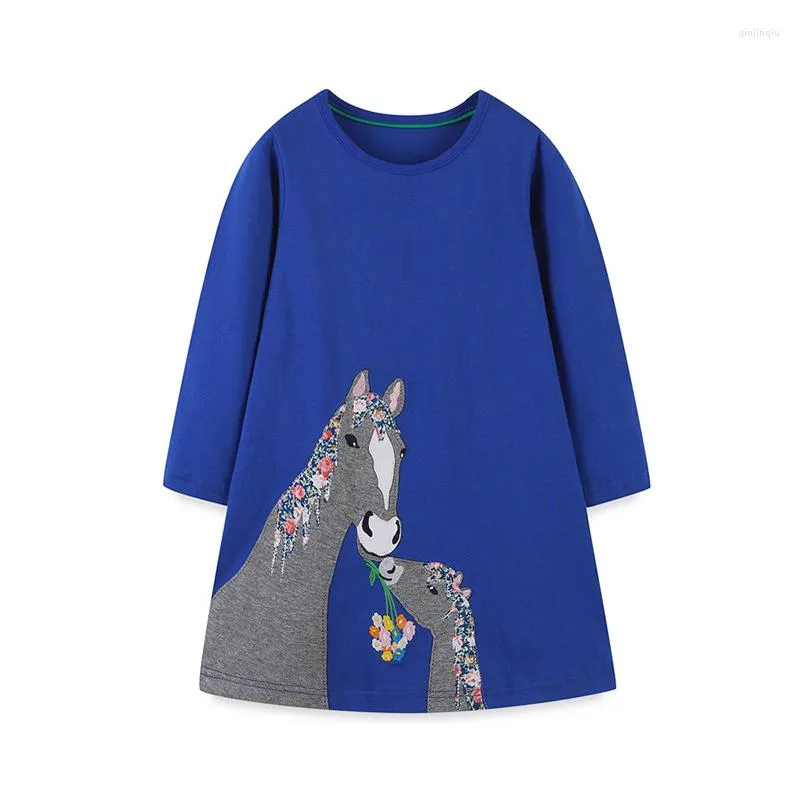 Vestidos da menina saltando metros vendendo animais apliques cavalo bordado crianças meninas outono traje do bebê dos desenhos animados vestido de princesa