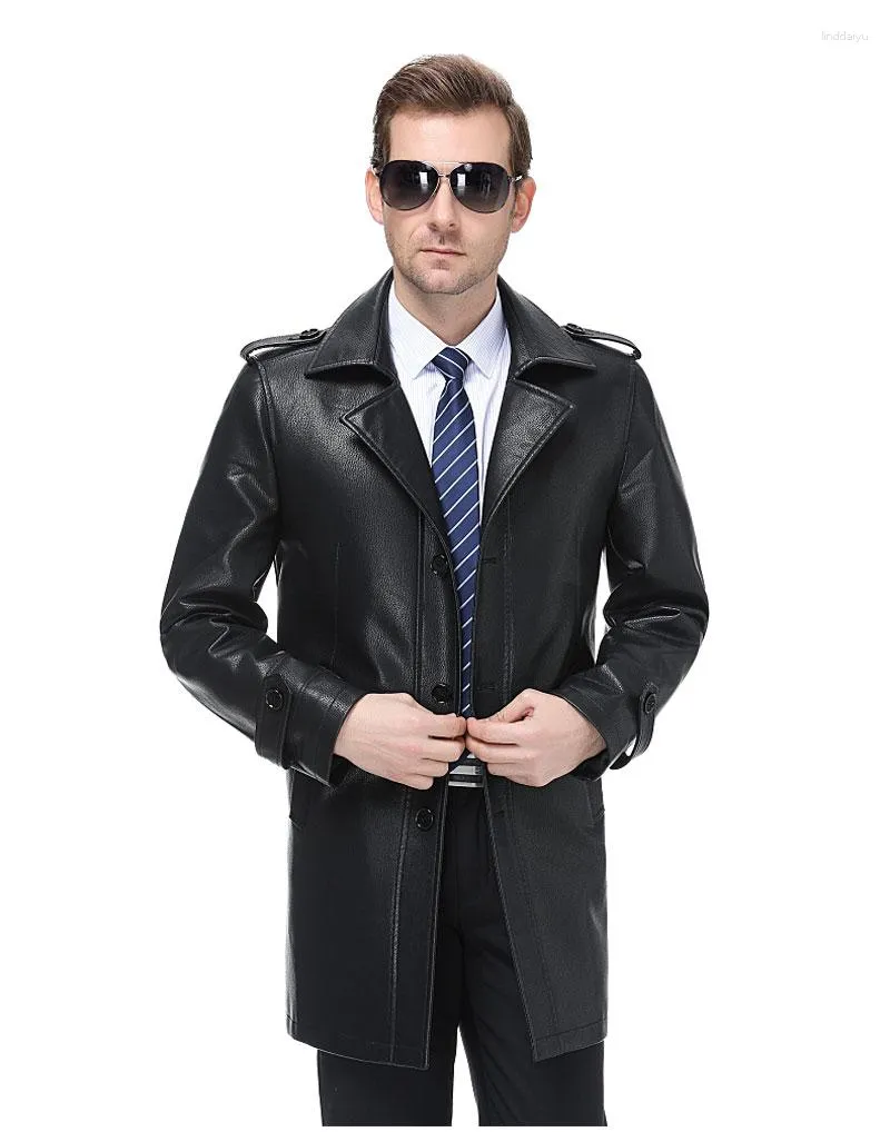Men's Fur Long Winter Leather Jacket Windproof Windbreaker Top Business Overcoat Black PU