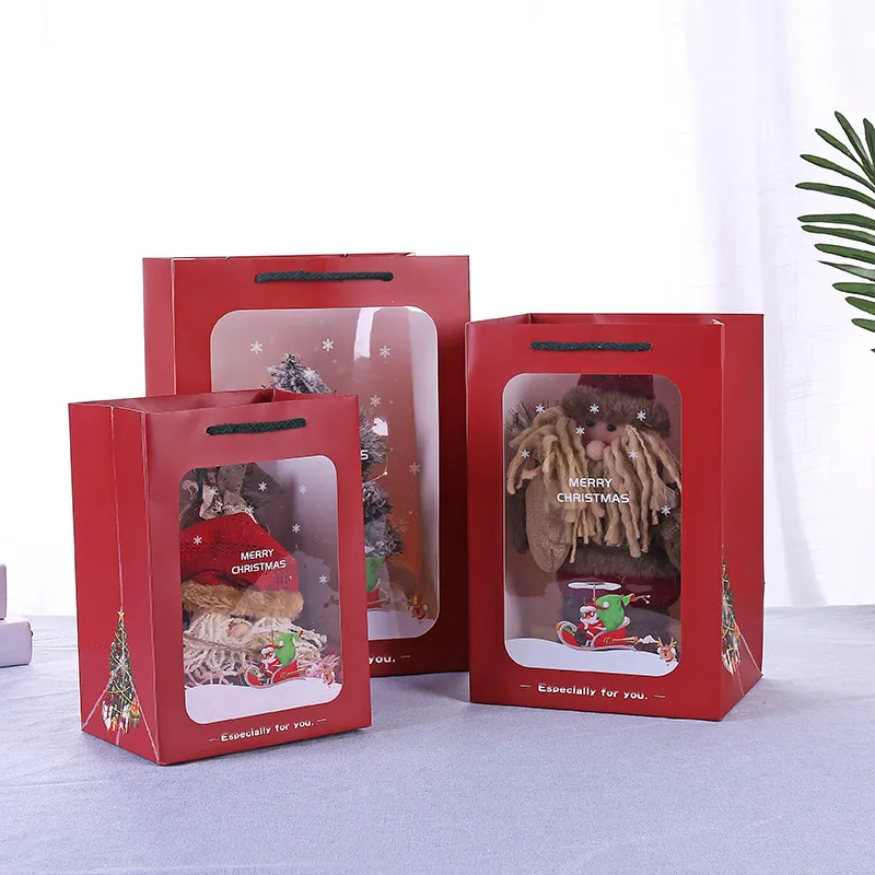 Red Christmas Gift Tote Bag With Handles Christmas Goody Bag With Window Portable Reusable Treat Bag For Gifts Wrapping LX6134