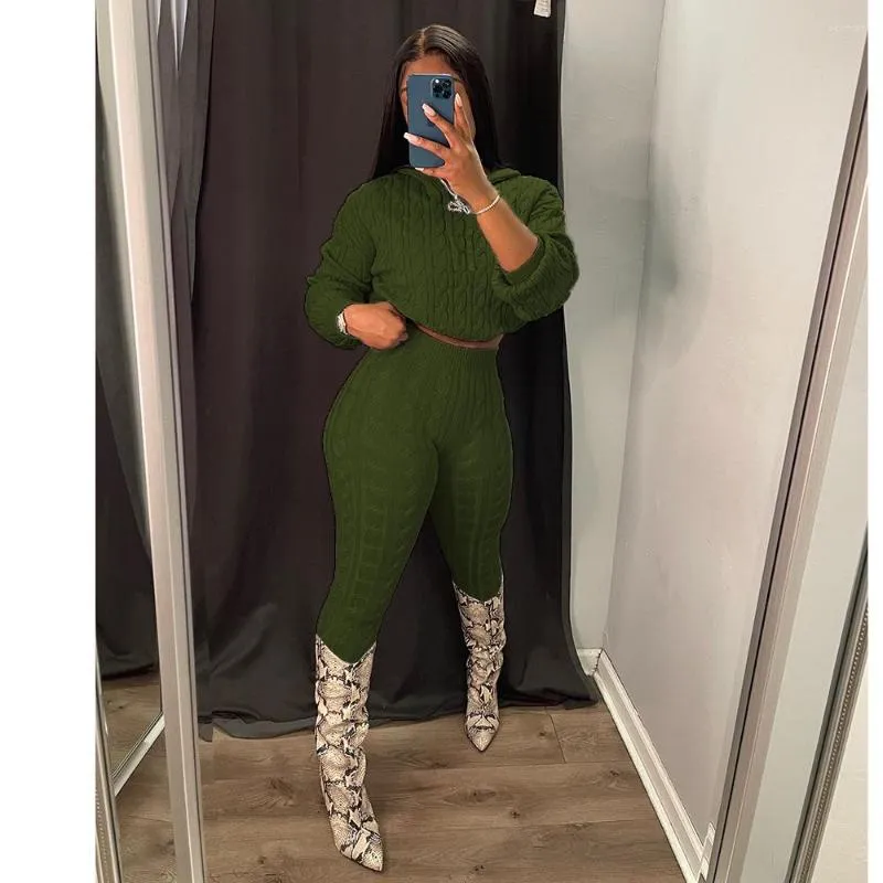 Kvinnors tvådelar Pants Casual Sticked Tracksuit Set Female Hooded Sweater Top and Elastic Midje Pant Suit 2023 Autumn Winter Women Outfit