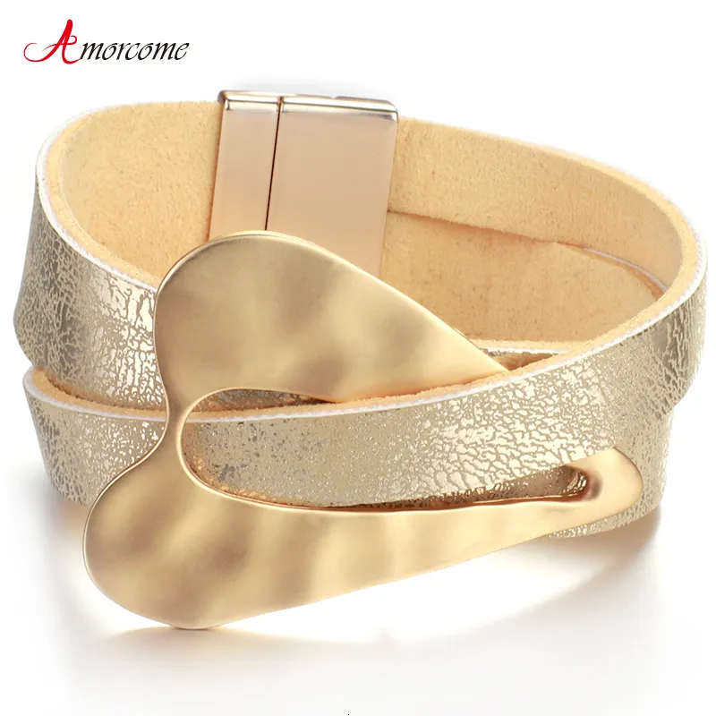 Bracelet Amorcome Champagne Or Couleur Métal Coeur Charme Bracelets En Cuir Pour Femme Mode Large Wrap Bracelet Femme Couple Bijoux 230926