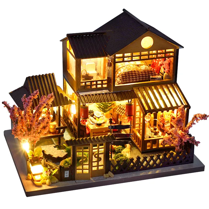 Poppenhuisaccessoires DIY-poppenhuis Houten poppenhuizen Miniatuur poppenhuismeubelset Led-speelgoed voor kinderen Verjaardagscadeau 230925