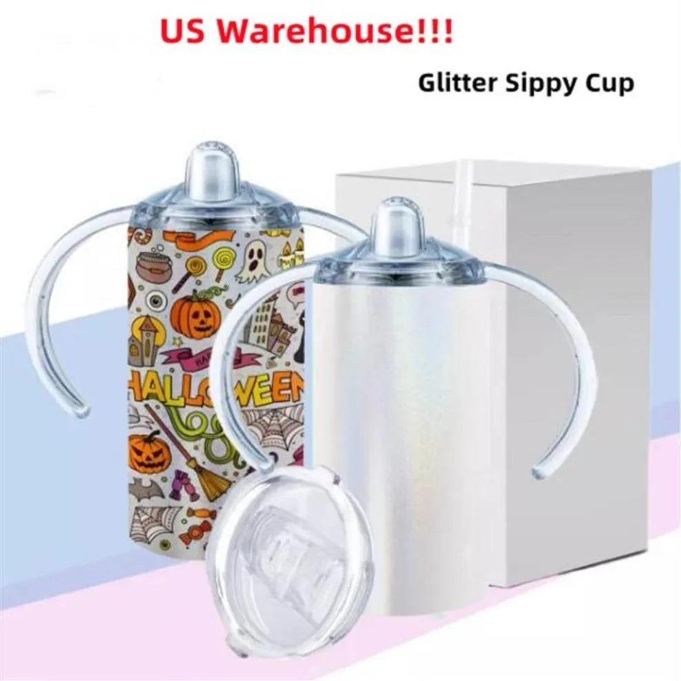 US Warehouse 12oz Sublimation Glitter sippy cup Glitter Straight Tumbler Sublimation baby cup kids tumbler Stainless Steel tumbler229G