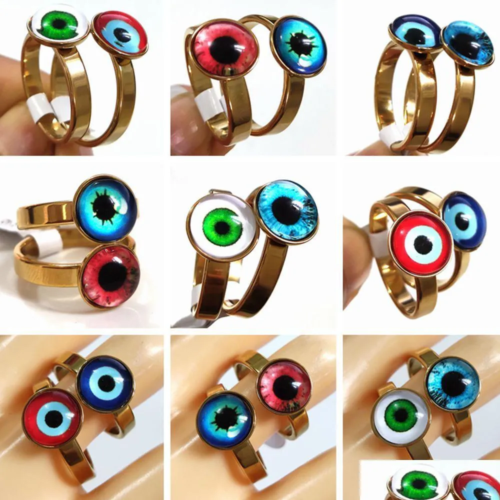 Bague Solitaire 20Pcs / Lot Femmes Hommes Punk Gothique Evils Eye Cool Design Or Style En Acier Inoxydable Mix Eyeball Demon Eyed Lucky Bijoux Dhfsv