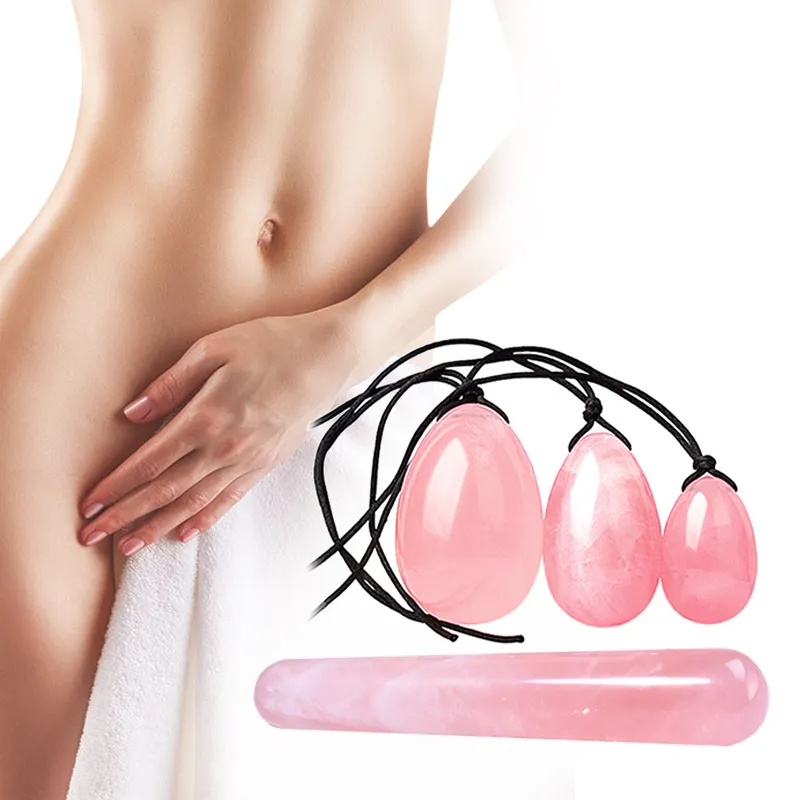 Jade Yoni Egg Set Boule de massage de guérison en quartz rose naturel et bâton de massage Outil d'exercice Kegel Masseur vaginal musculaire du plancher pelvien