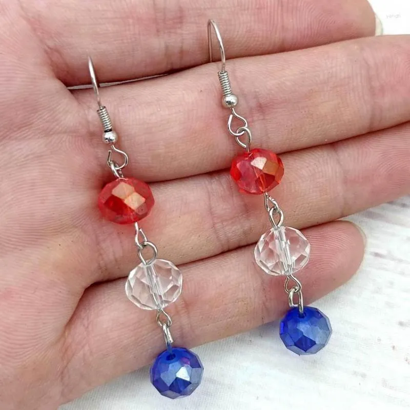 Boucles d'oreilles pendantes à Triple facettes en verre AB pour femmes, bijoux patriotiques du 4 juillet rouge blanc bleu, vente en gros