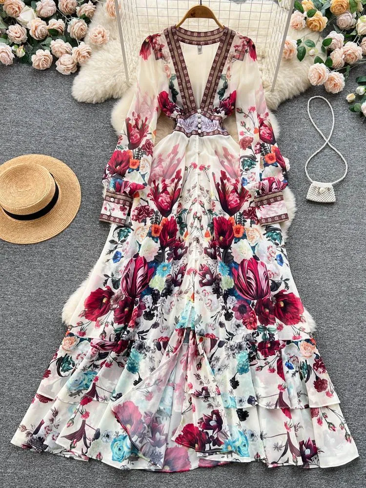 Grundläggande avslappnade klänningar Fashion Runway Gorgeous Flower Chiffon Cascading Ruffles Dress Women Deep V Neck Long Sleeve Floral Print Boho Robe Vestido 230926