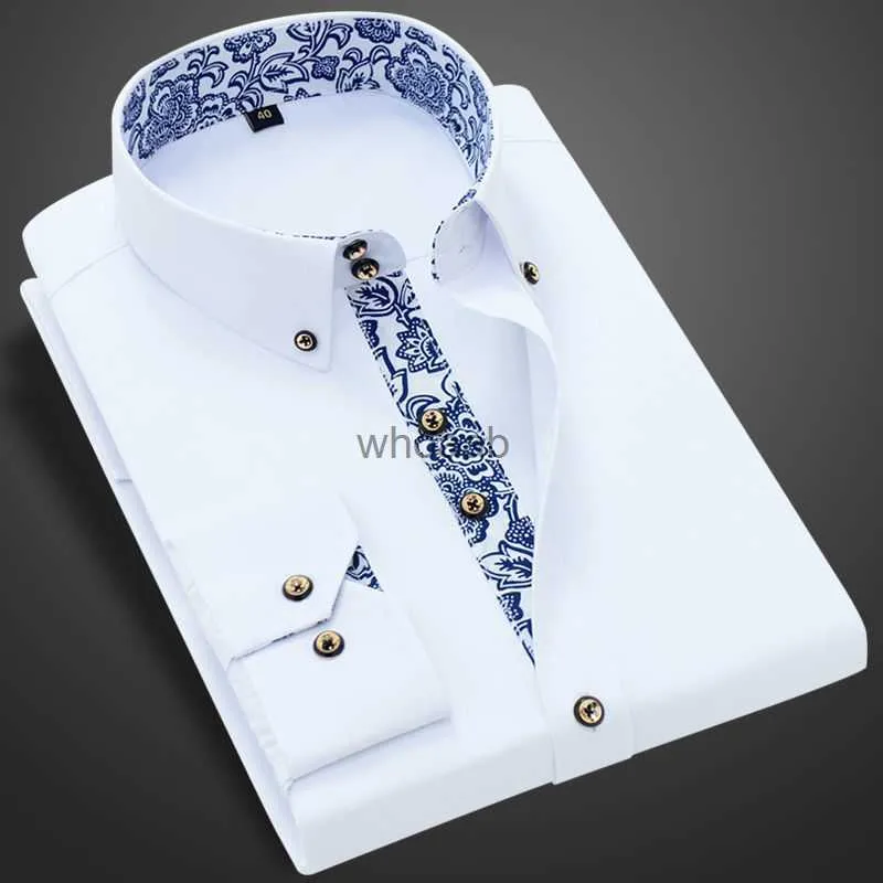 Men's Dress Shirts Blue-and-white Porcelain Collar Shirt Men Long Sleeve Korean SlimFit Casual Business Dress Shirts Solid Color White Shirt Cotton YQ230926