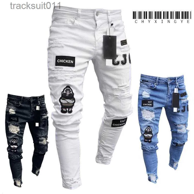 Men's Jeans new White Embroidery Jeans Men Cotton Stretchy Ripped Skinny Jeans High Quality Hip Hop Black Hole Slim Fit Oversize Denim Pants L230926