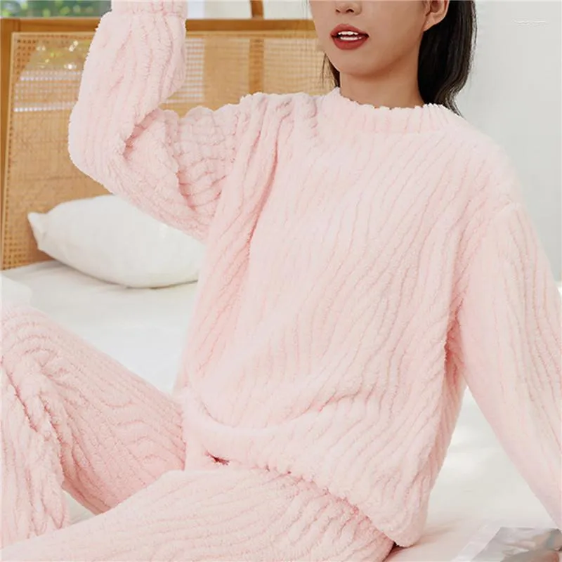 Women's Sleepwear Solid Color Women Pajama Set Winter Pink Fleece Velvet 2 Piece Pant Home Suit Fluffy Korean Cute Warm Sleep Night Wear